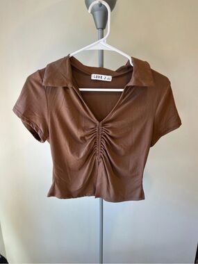 love J Brown Ruched V-Neck Collared Crop Top